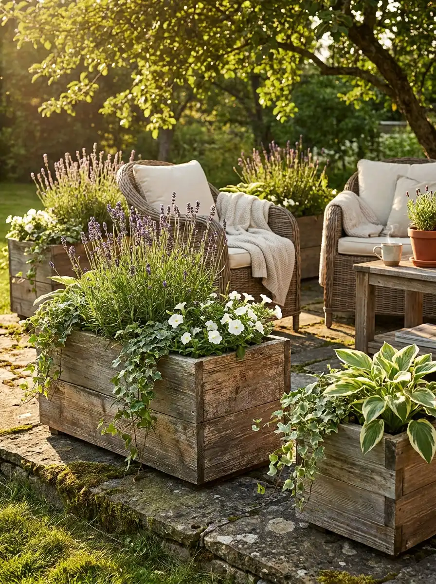 Weathered wooden planter boxes with blooming lavender, ivy, hostas, and white flowers creating a cozy cottage-style garden patio.