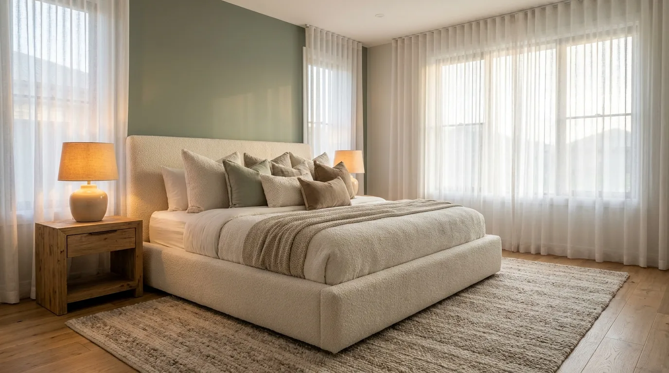 Sunlit master bedroom photographed in soft morning light featuring a sage green accent wall, a cream boucle upholstered bed frame with layered neutral and sage green cushions, rustic live-edge wooden nightstands with ceramic table lamps, floor-to-ceiling white sheer curtains, and a large textured area rug on light hardwood floors