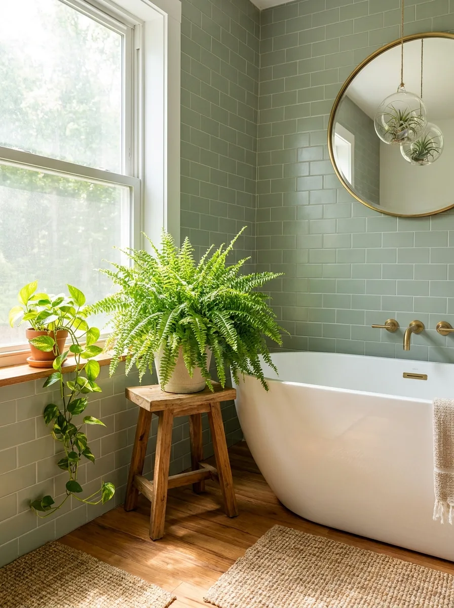 Sage green bathroom tiles surrounding a freestanding tub with indoor plants, wood stool, and soft natural lighting
