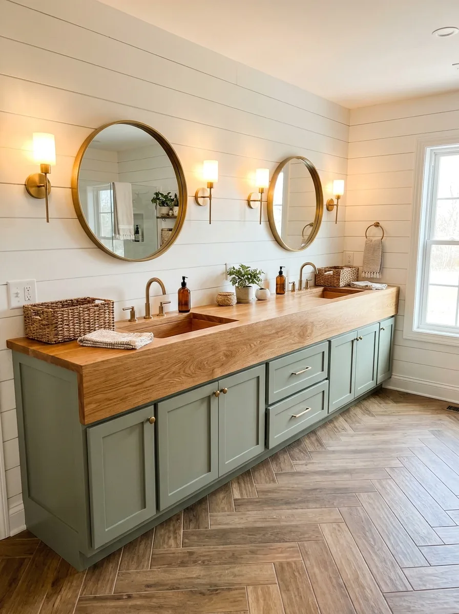 Sage green bathroom vanity with oak countertop, dual round mirrors, brass sconces, and herringbone flooring