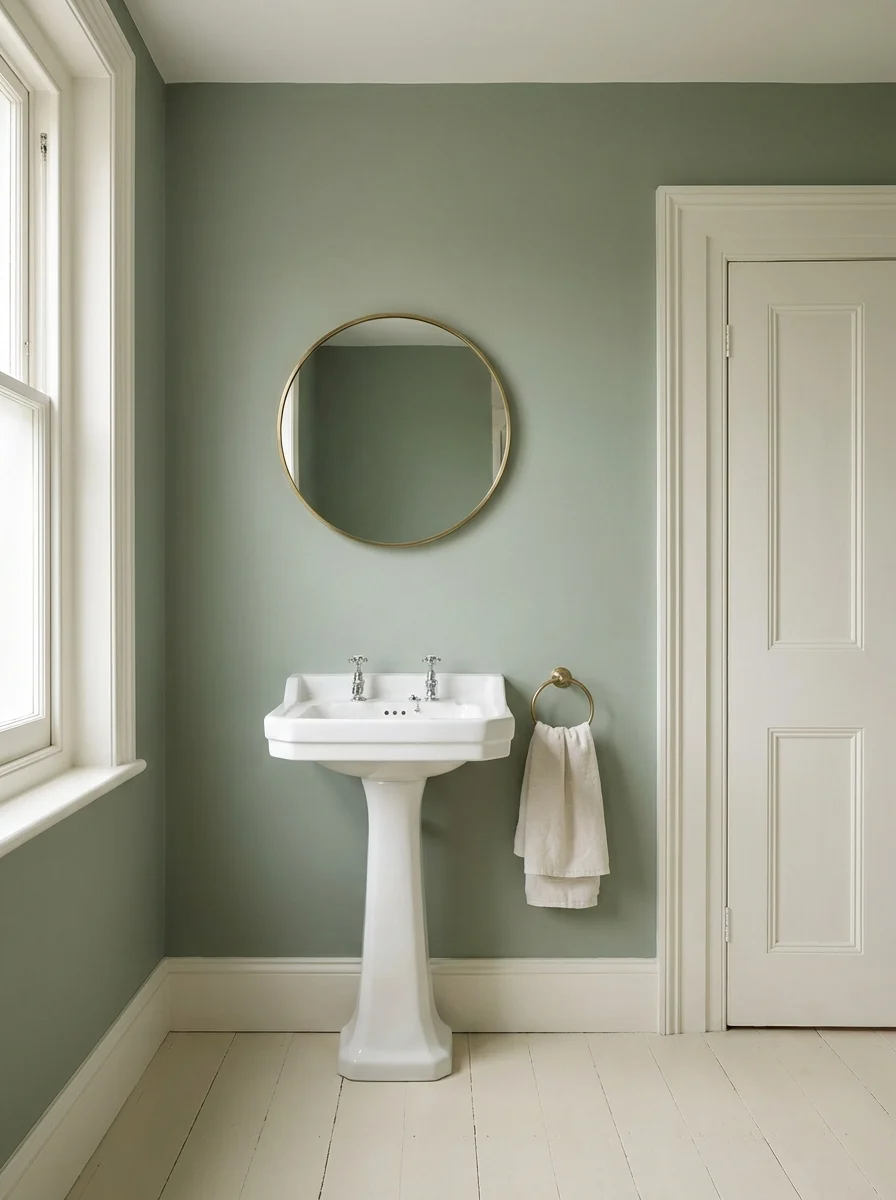 Sage green bathroom walls with white pedestal sink, round brass mirror, and minimalist traditional decor styling