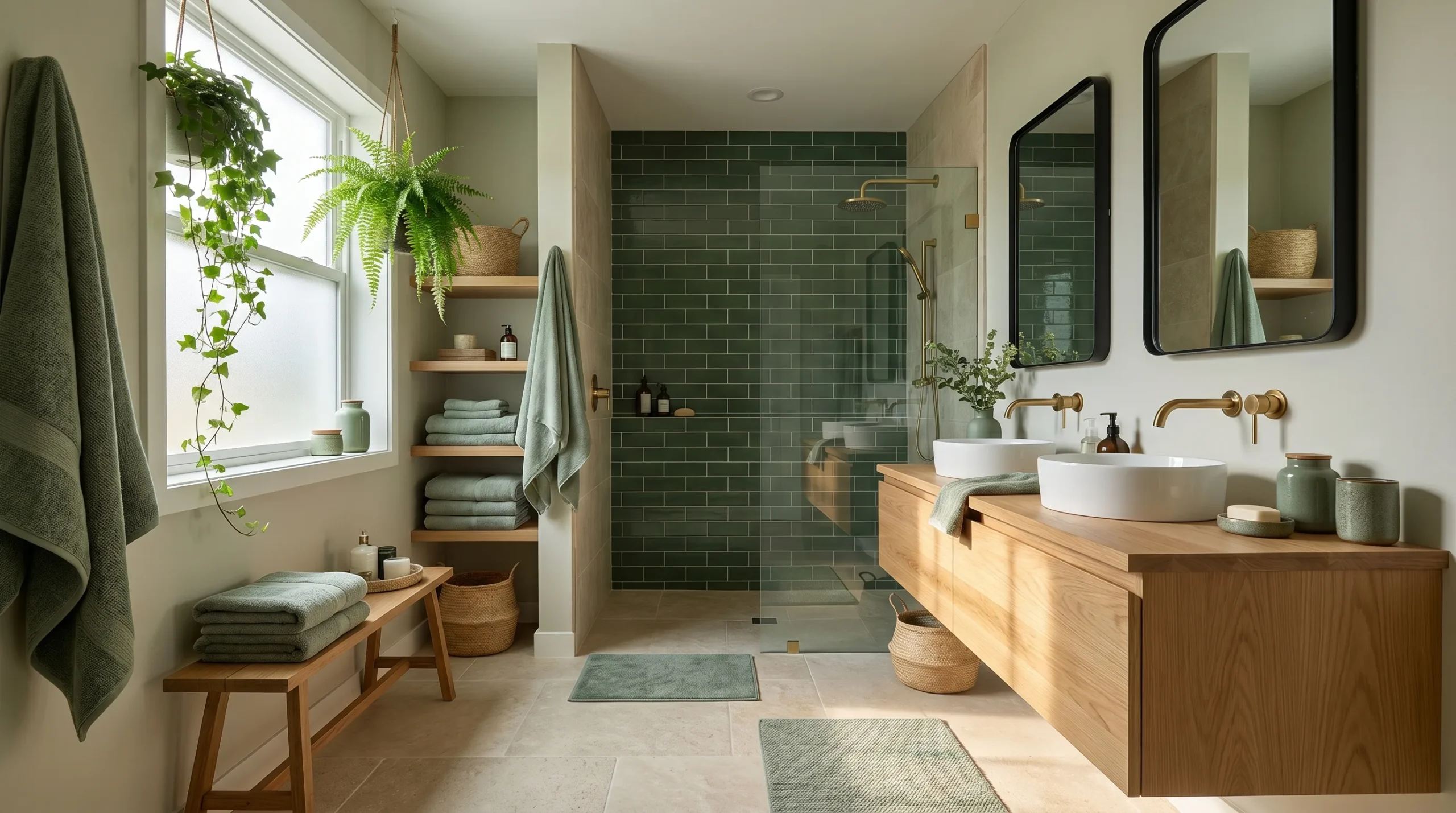 Sage green bathroom with floating wood vanity, brass fixtures, glass shower, and natural light for spa-inspired decor