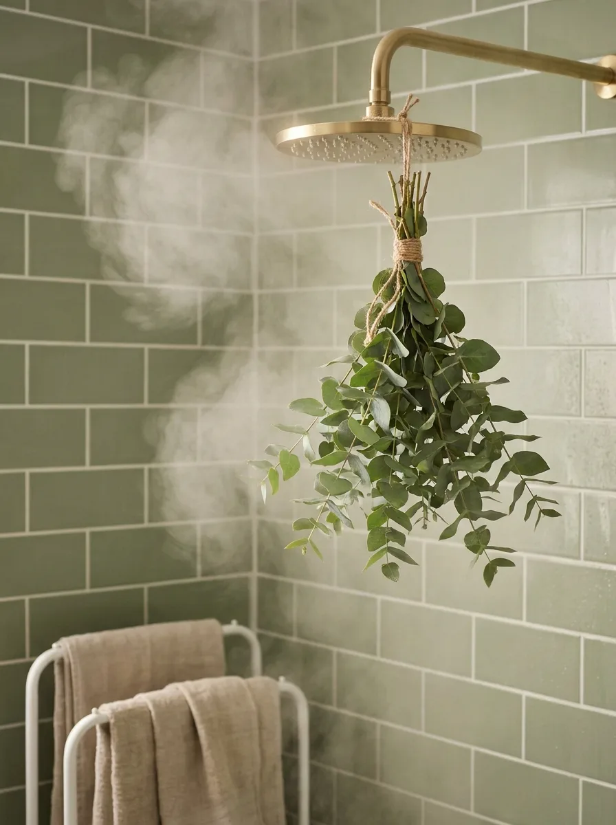 Sage green shower tiles with hanging eucalyptus bundle, soft steam, and neutral towels creating spa bathroom ambiance
