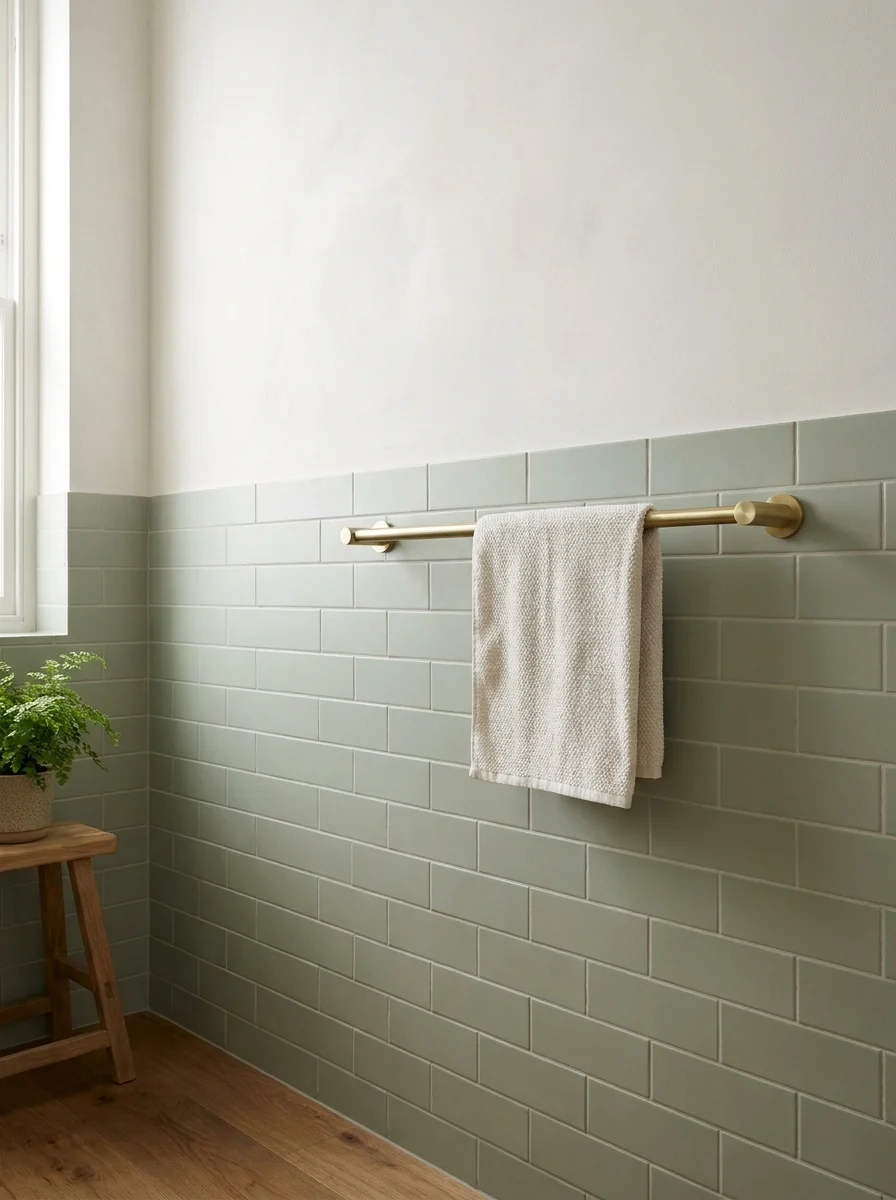 Sage green subway tile bathroom wall featuring brushed brass towel rail and warm wood flooring in modern design