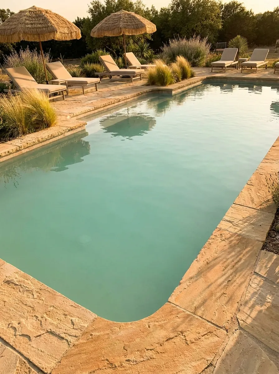 Elegant swimming pool with sandstone coping, straw umbrellas, soft neutral loungers, and Mediterranean-inspired backyard landscaping