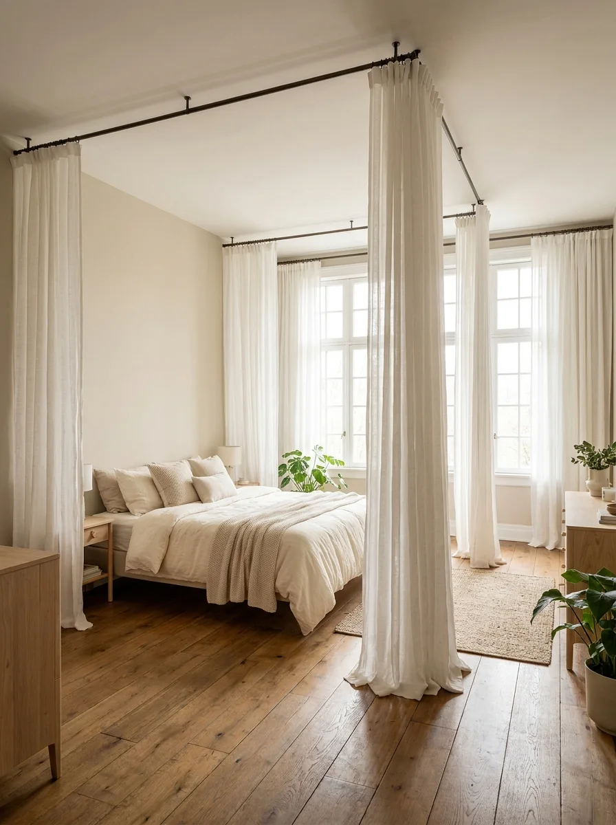Airy Scandinavian-style bedroom with ceiling-mounted iron rod supporting floor-length white linen canopy curtains around the bed, natural oak furniture, cream bedding, jute rug, and large windows flooding the room with daylight