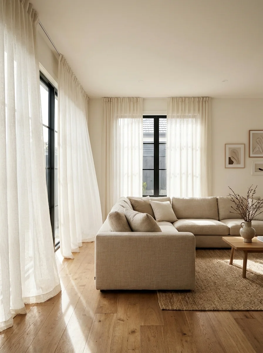Bright modern living room with sheer white curtains, beige sectional sofa, wooden flooring, and soft neutral decor