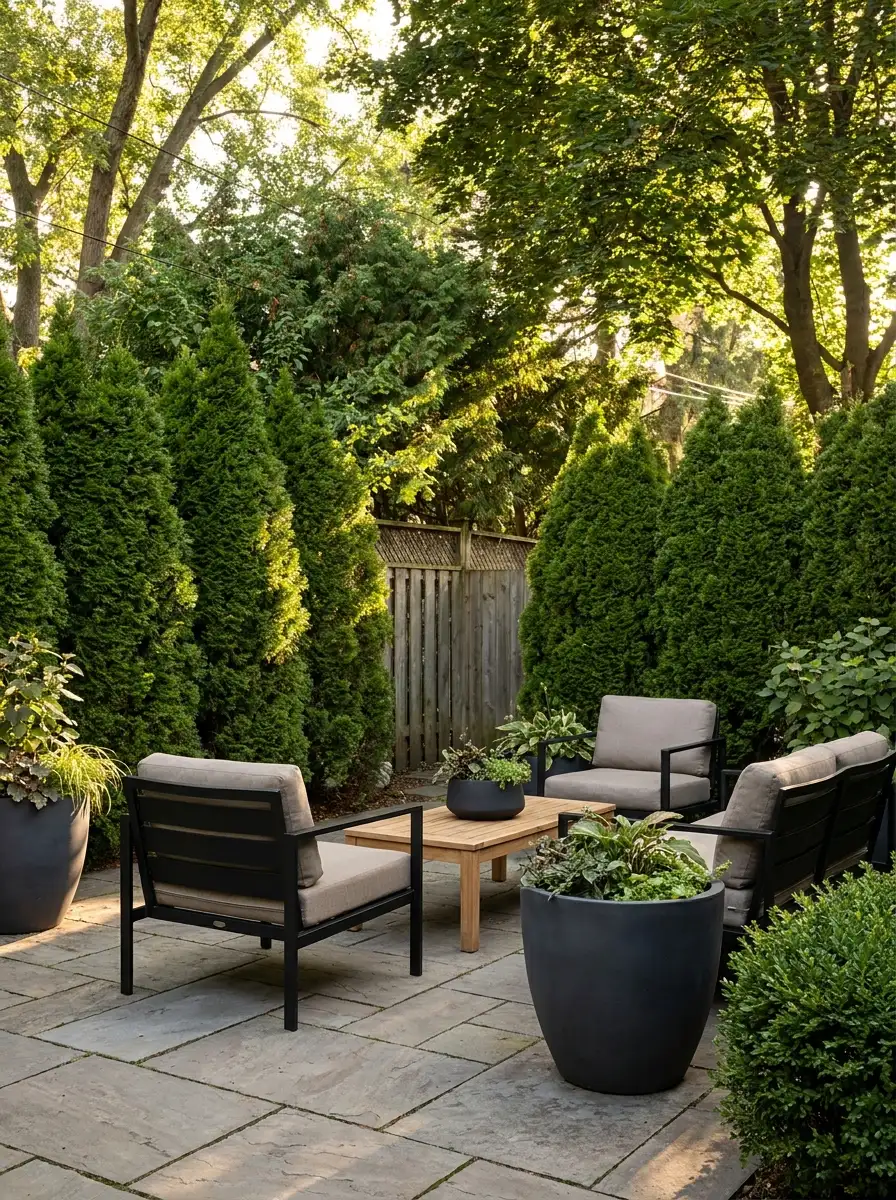 Minimal modern backyard seating area with tall privacy hedges, black outdoor furniture, stone patio, and elegant planter styling inspiration