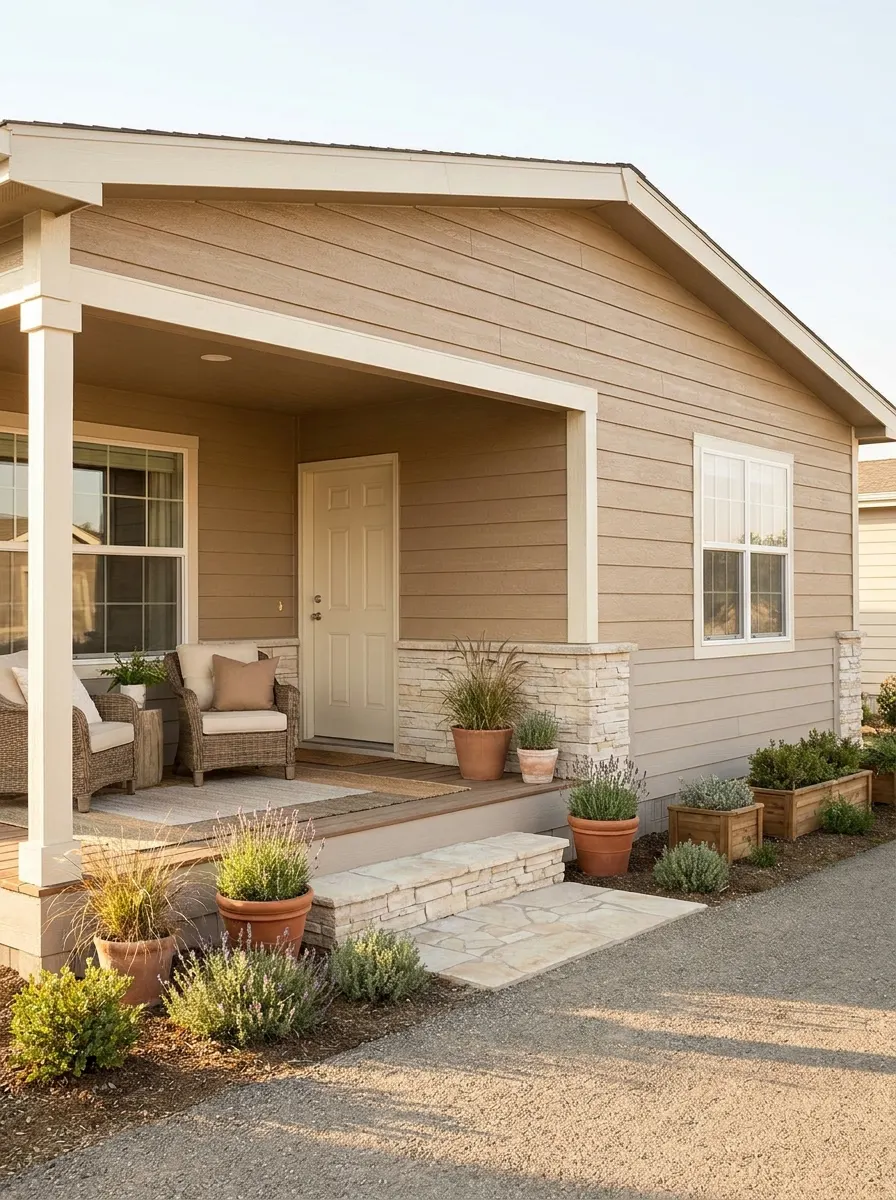 Soft neutral mobile home exterior with beige siding, white trim, stone accents, lavender planters, and inviting front porch
