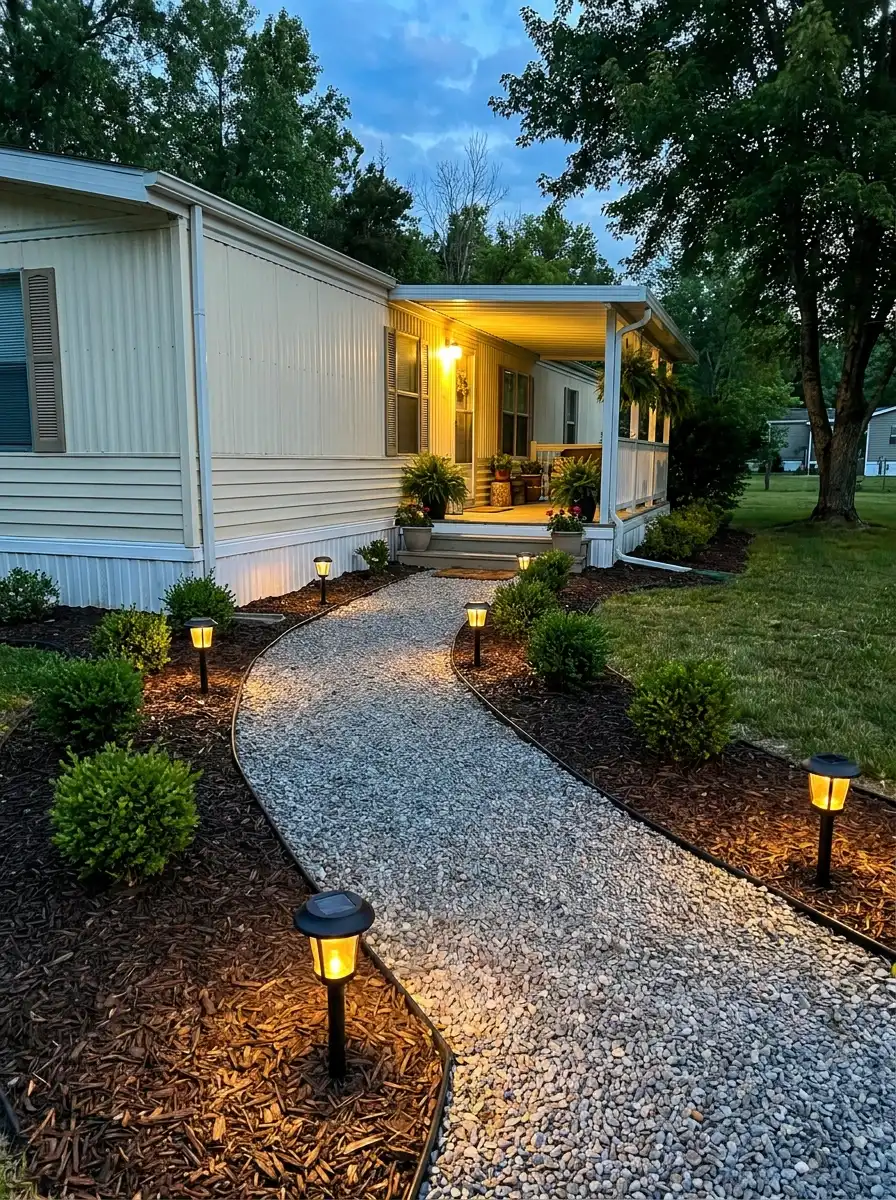 Mobile home curb appeal at night with solar path lights, curved gravel walkway, landscaped mulch beds, and covered porch