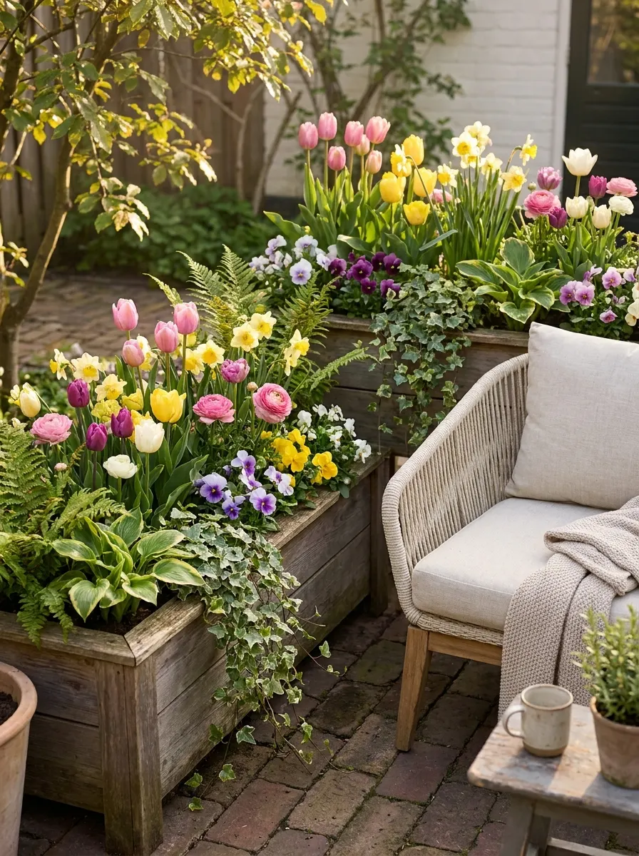 Wooden outdoor planter boxes filled with tulips, pansies, daffodils, ivy, and spring flowers beside cozy patio furniture.