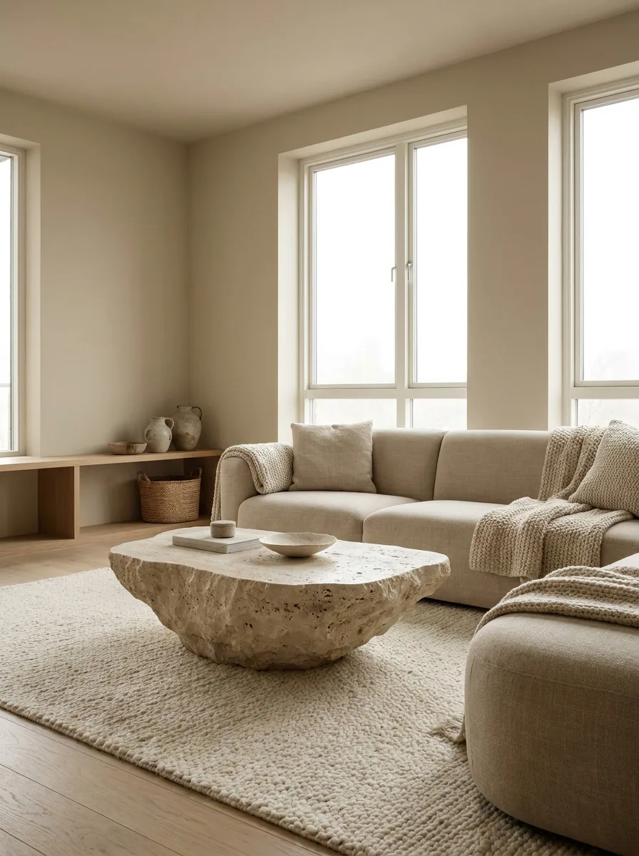 Luxury neutral living room with sculptural stone coffee table, curved beige sofa, and minimalist modern decor