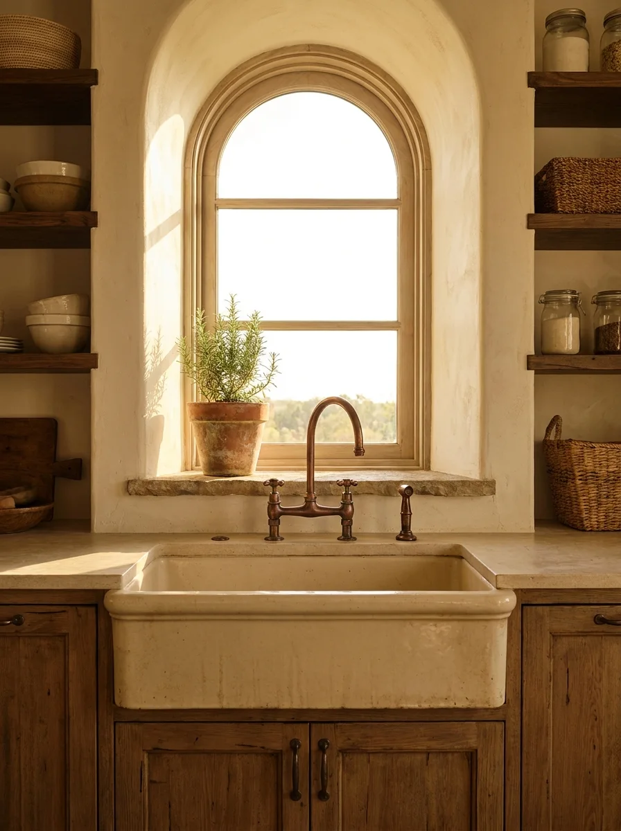 Deep stone farmhouse sink with antique bronze bridge faucet beneath an arched window, flanked by open wooden shelves with ceramic bowls.