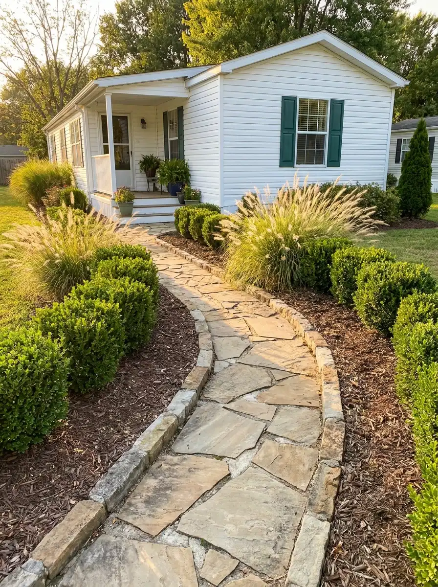 Stone walkway landscaping ideas for mobile homes with ornamental grasses, trimmed shrubs, and bright white siding