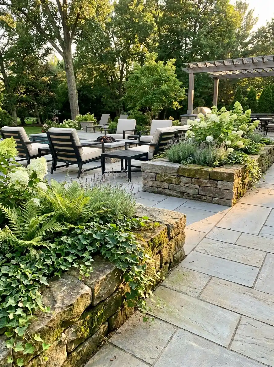 Natural stone raised planters filled with hydrangeas, lavender, ivy, and lush greenery surrounding a modern outdoor patio seating area.