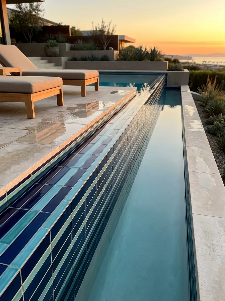 Luxury infinity edge swimming pool with glossy blue mosaic tiles, modern lounge chairs, sunset reflections, and upscale backyard pool inspiration