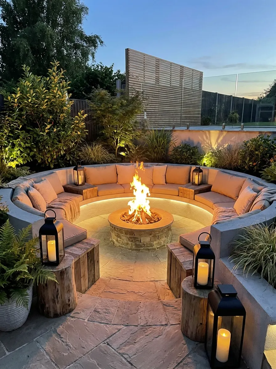 Beautiful sunken fire pit lounge with curved seating, glowing lanterns, soft lighting, and modern landscaping perfect for cozy outdoor gatherings