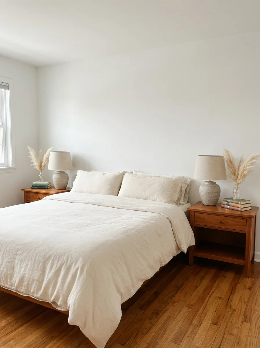 Bright white bedroom with a wooden bed frame, cream linen duvet, two matching walnut nightstands each styled with a ceramic table lamp and pampas grass in a glass vase, and stacked books