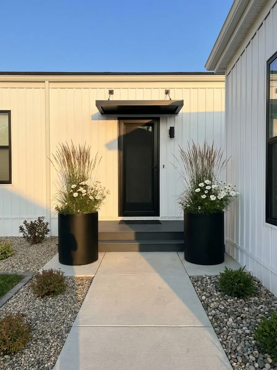 Modern mobile home entry with black planters, ornamental grasses, white flowers, and sleek minimalist curb appeal