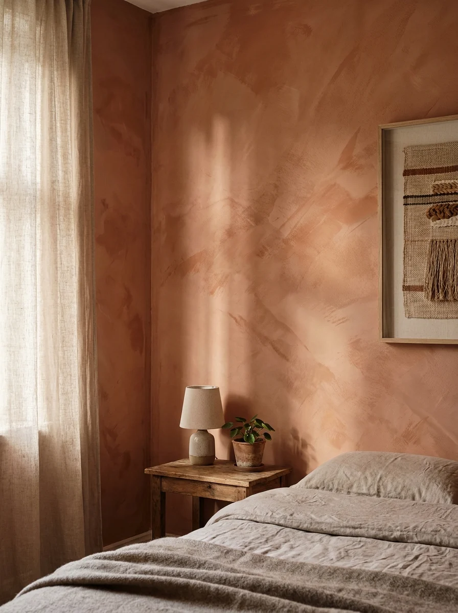 Terracotta limewash bedroom wall paired with rustic wood furniture, linen bedding, and soft natural light
