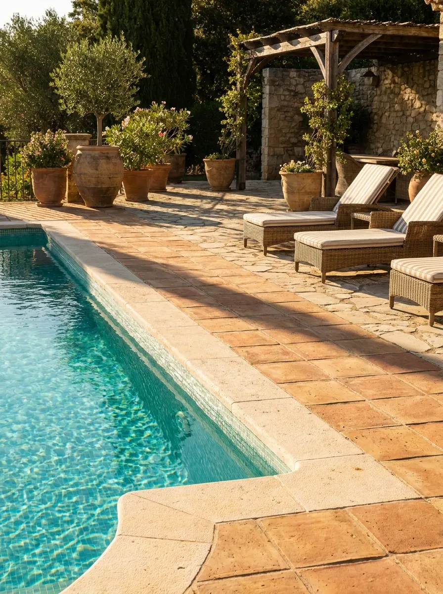 Mediterranean-style swimming pool with terracotta tile borders, rustic pergola, wicker lounge chairs, and warm outdoor patio decor inspiration
