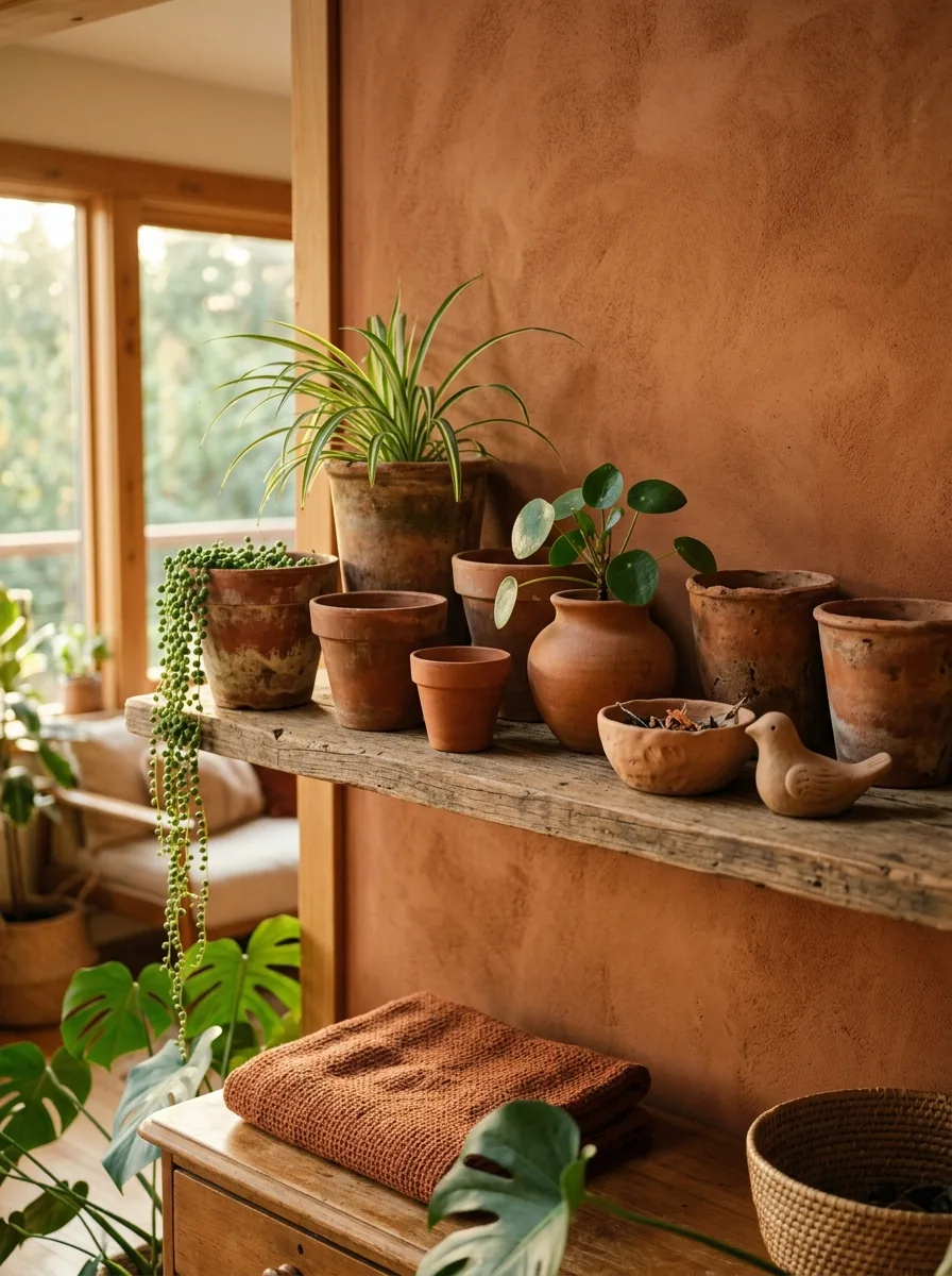 Terracotta pots on a rustic wooden shelf styled with indoor plants and earthy boho home decor accents