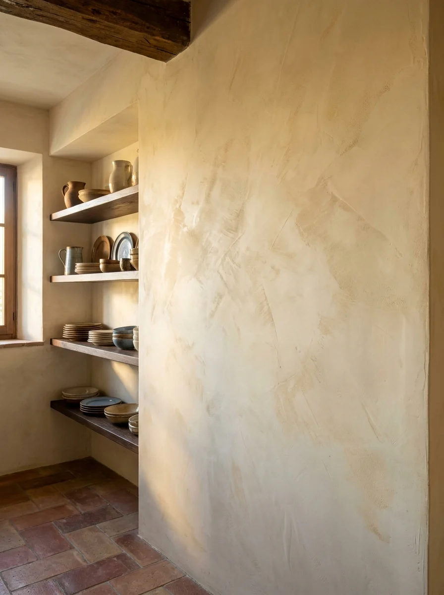 Hand-applied warm cream plaster wall beside open dark wood shelves holding stoneware plates, bowls, and pottery jugs on terracotta floors.