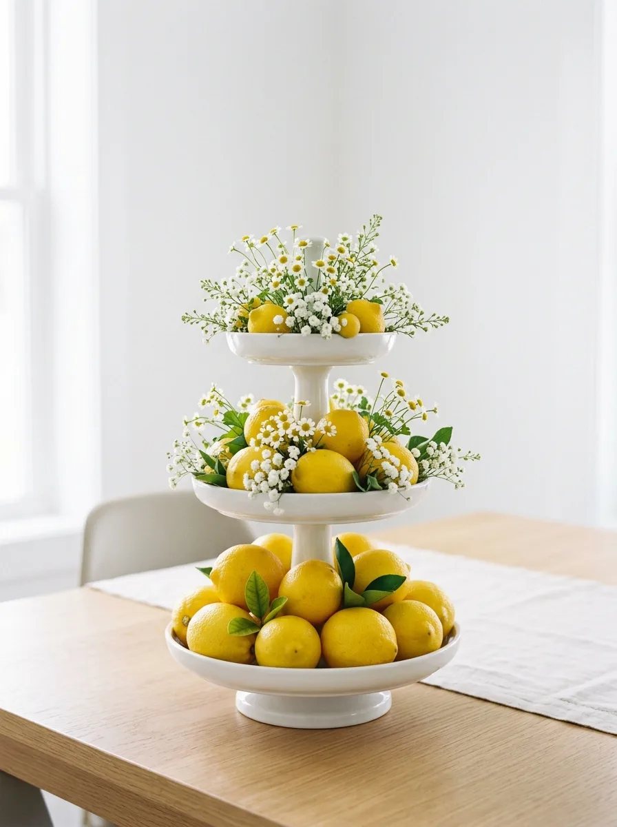Tiered lemon stand centerpiece with white flowers and greenery for elegant kitchen and dining room decor