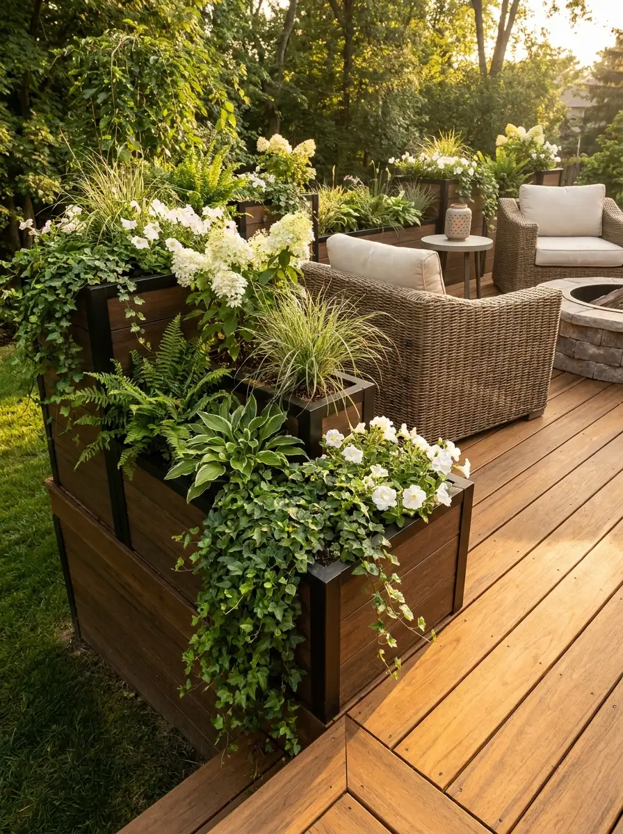 Tiered wooden planter boxes with white flowers, ivy, grasses, and lush greenery surrounding a cozy backyard deck seating area.