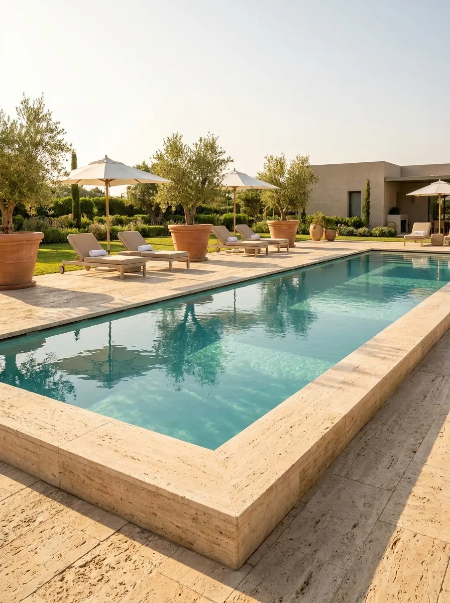 Large luxury swimming pool with travertine coping, oversized planters, elegant sun loungers, and upscale modern backyard landscaping