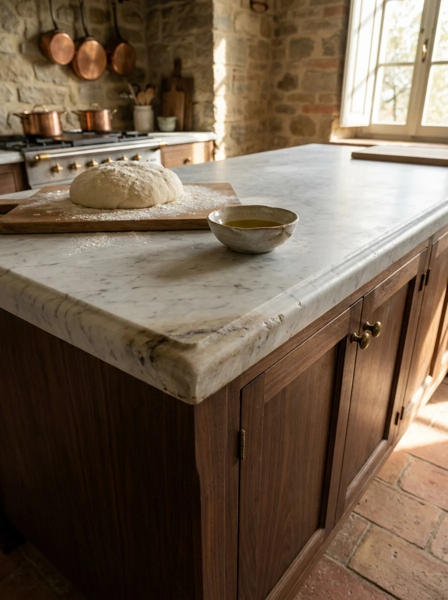 Walnut kitchen island with thick marble countertop holding a round bread dough on a floured board beside a small oil bowl.