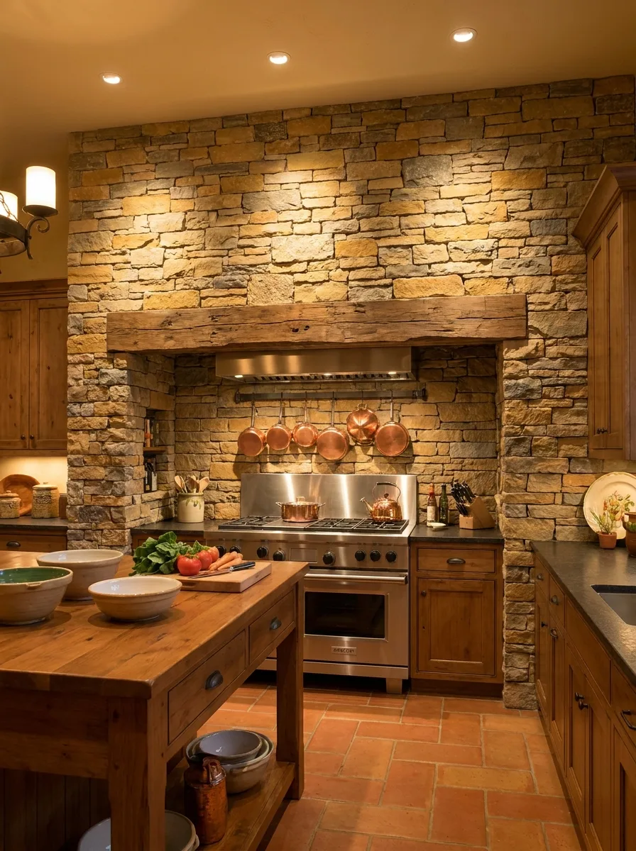 Floor-to-ceiling stacked stone accent wall with a reclaimed wood beam hood framing a stainless range, hung with copper pans above.