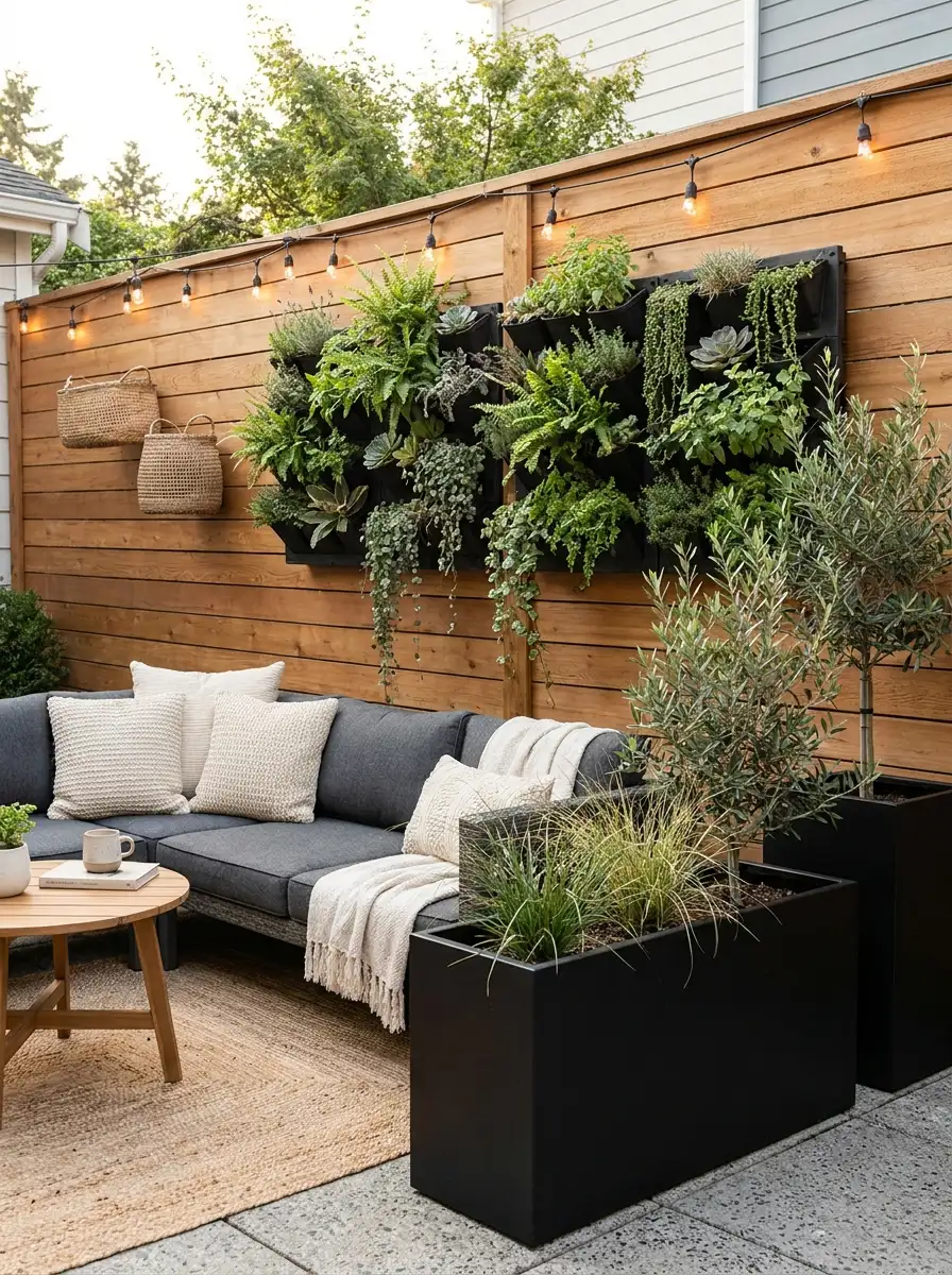 Modern vertical garden wall with lush greenery, black planters, cozy outdoor seating, and wood fencing for stylish small backyard decor inspiration