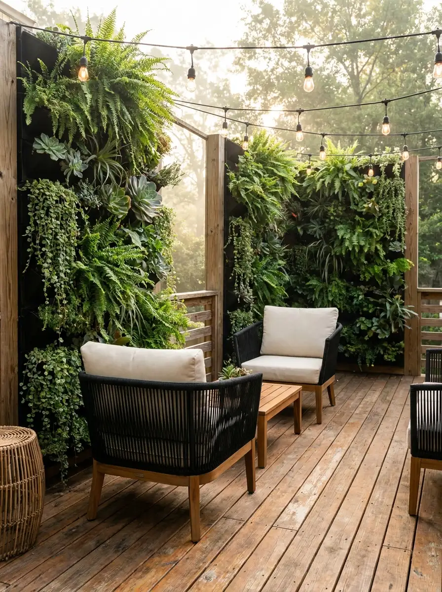 Modern outdoor seating area with lush vertical garden walls, hanging greenery, string lights, and cozy wooden deck styling
