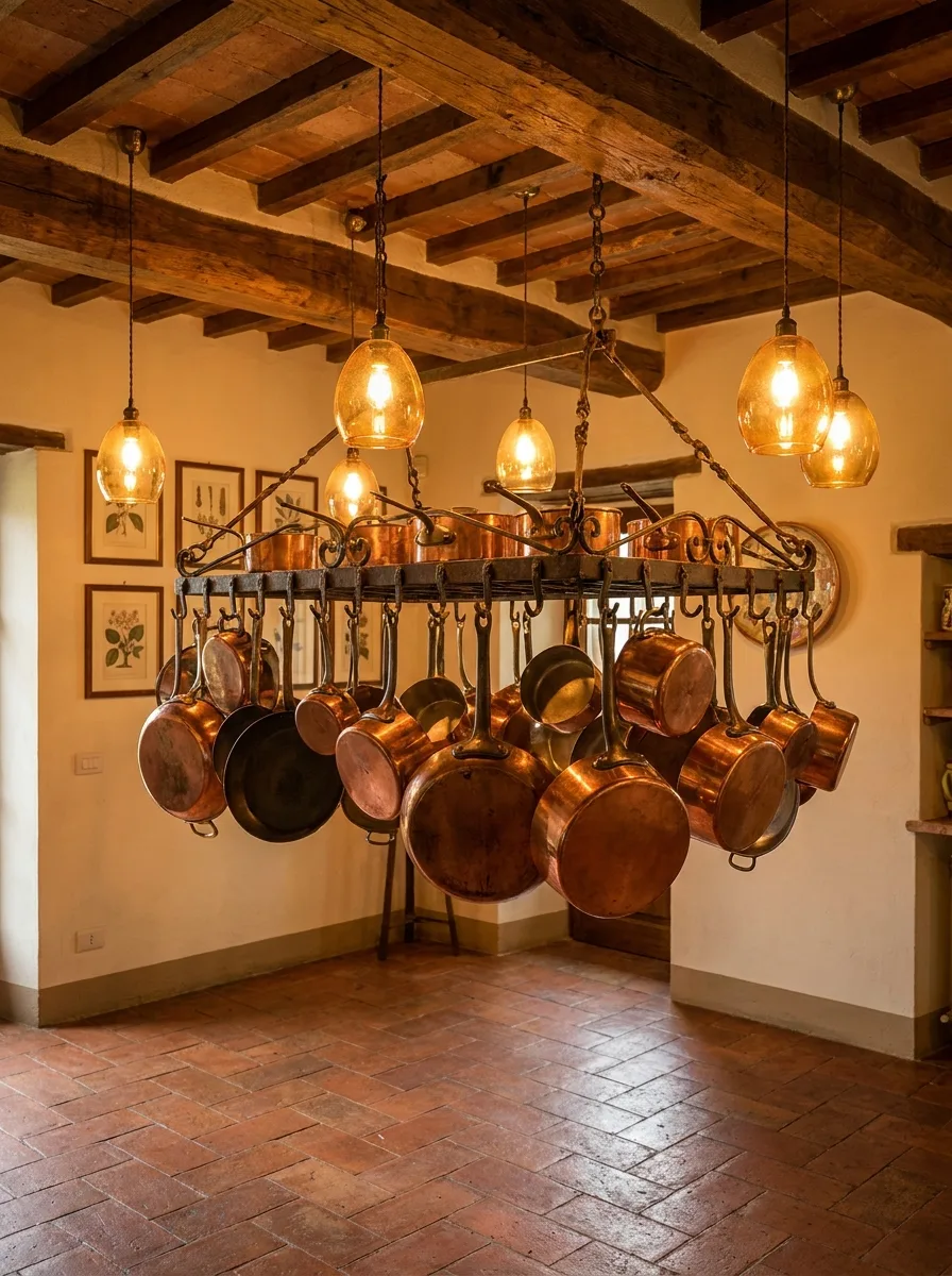 Collection of vintage copper pots hanging from a wrought iron ceiling rack beneath exposed wooden beams with warm pendant lighting.