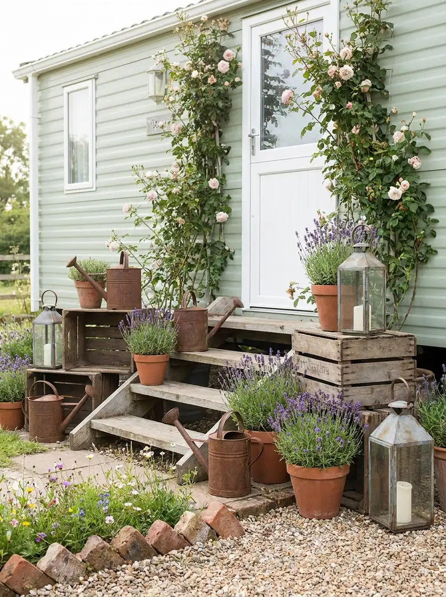 Cottage style mobile home entrance with vintage watering cans, lavender pots, rustic crates, lanterns, and climbing roses