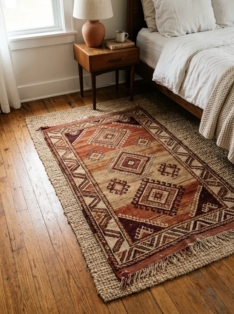 Vintage Moroccan rug layered over a jute rug beside a wooden bed with neutral boho bedroom decor