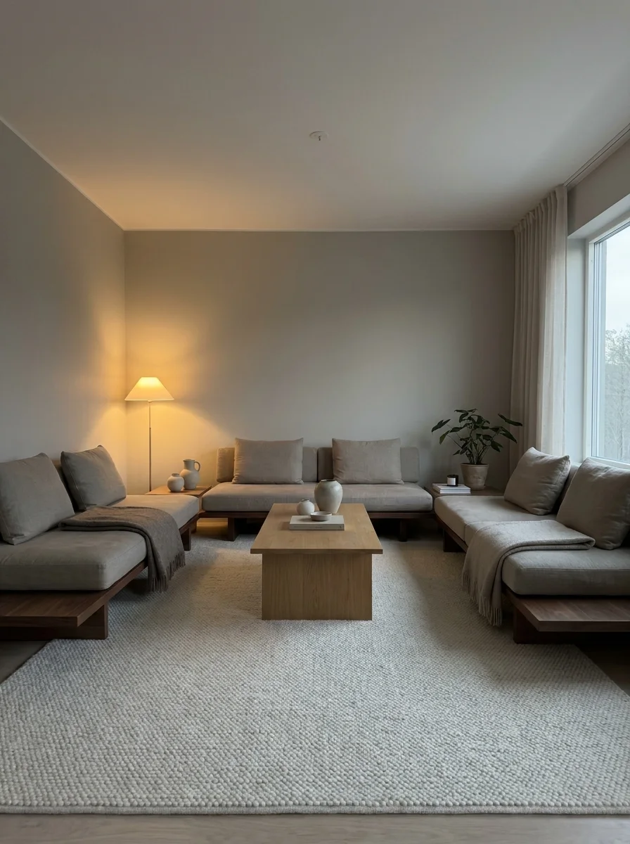 Japandi-inspired living room with walnut seating, soft neutral cushions, textured rug, and warm ambient lighting