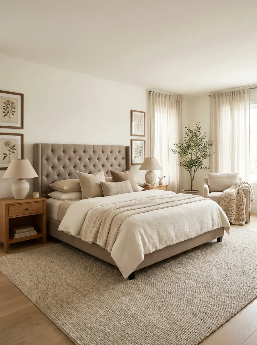 Cozy master bedroom with a tall grey tufted wingback headboard, layered cream and beige linen bedding, wooden nightstands, botanical framed prints, sheer curtains, a large area rug, and a potted olive tree in the corner