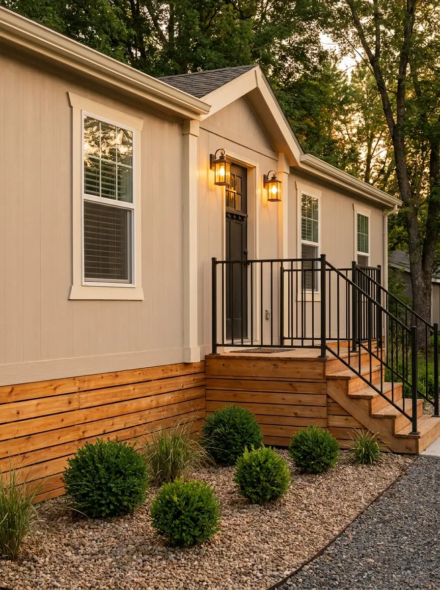 Beige mobile home exterior with warm wood skirting, black railings, gravel landscaping, and warm exterior lantern lighting
