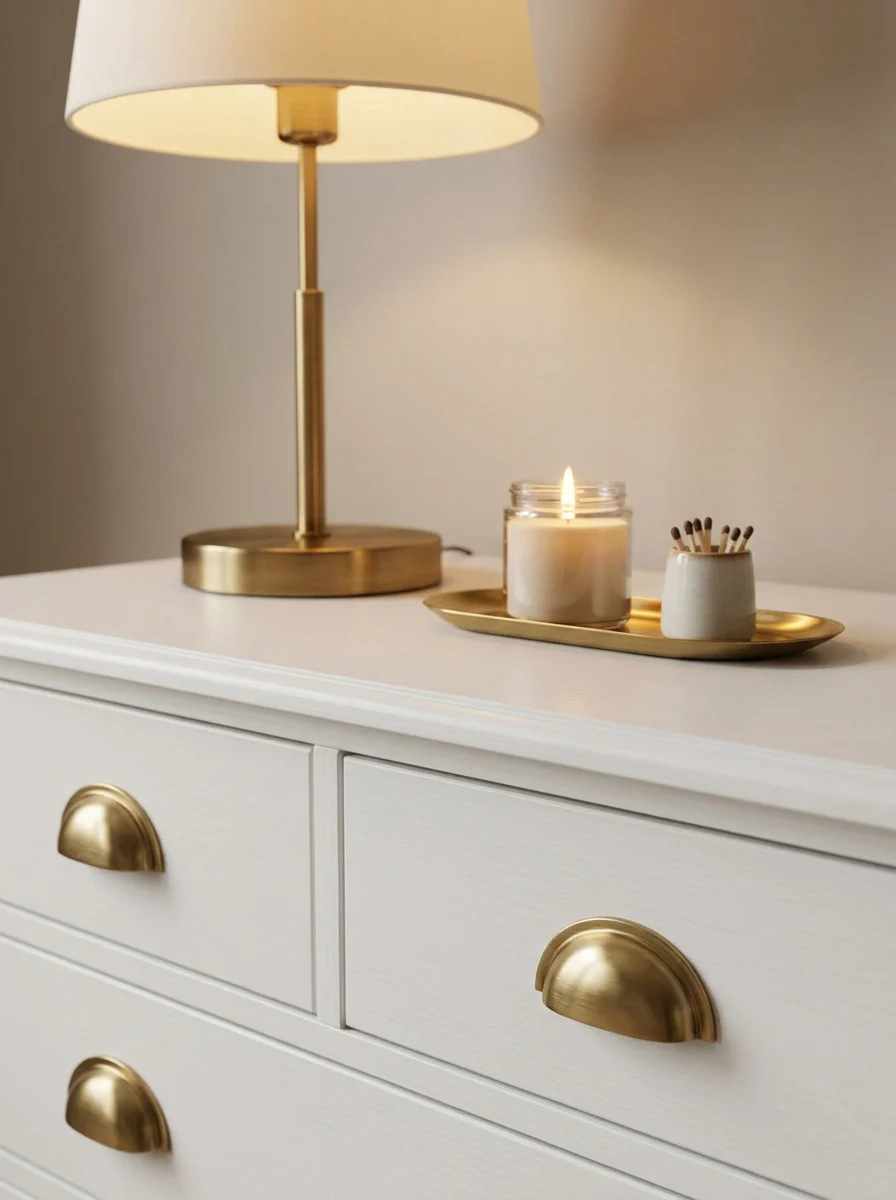 Close-up of a white painted dresser with brushed antique brass half-moon cup drawer pulls, styled with a gold-stem table lamp and a small brass tray holding a lit glass jar candle and ceramic matchstick holder
