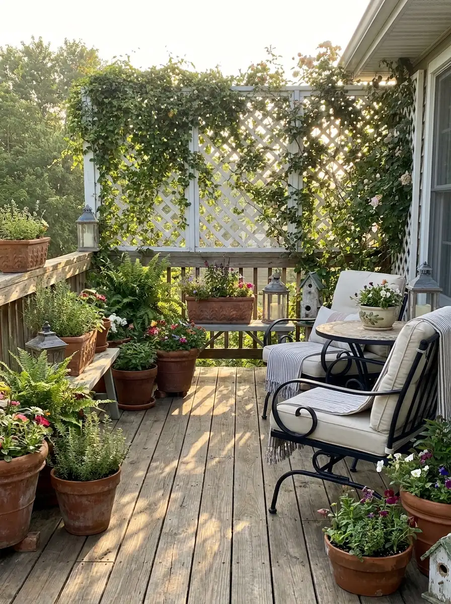 Charming wooden deck with white lattice privacy wall, climbing greenery, cozy seating, and cottage style outdoor decor inspiration