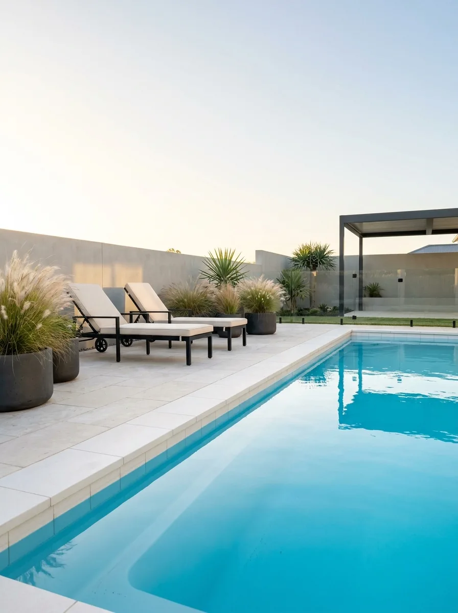 Contemporary swimming pool with white coping, aqua blue water, black lounge chairs, pampas grass planters, and minimalist outdoor design