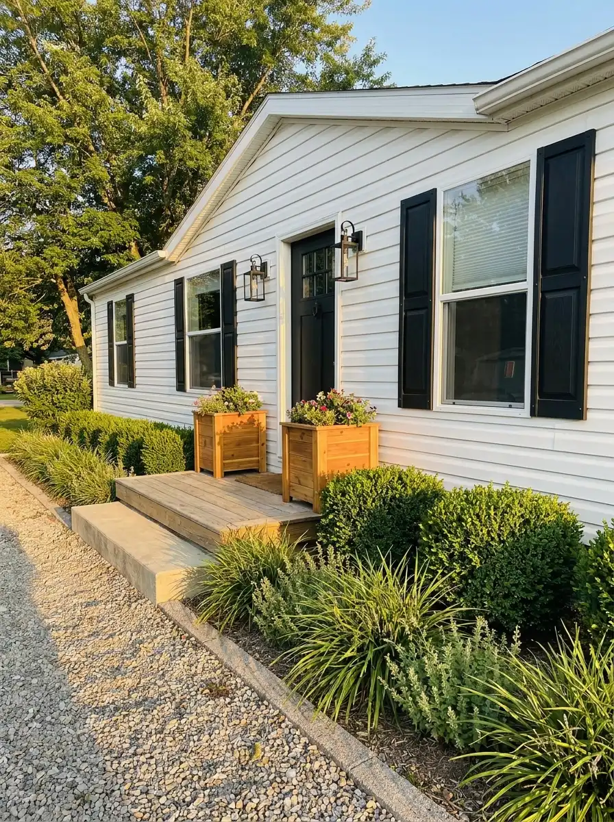 White mobile home exterior with black shutters, raised flower planters, gravel driveway, and neat front landscaping