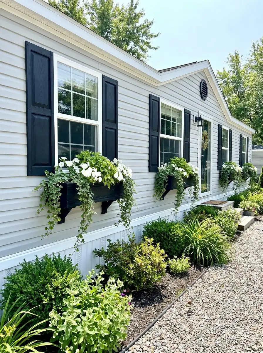 White mobile home exterior with black shutters, lush window boxes, flowering greenery, and fresh front yard landscaping