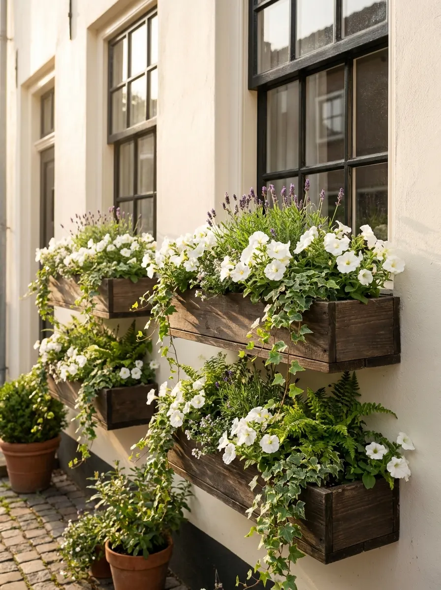 Dark wooden window planter boxes overflowing with white flowers, ivy, lavender, and greenery mounted beneath black-framed windows.