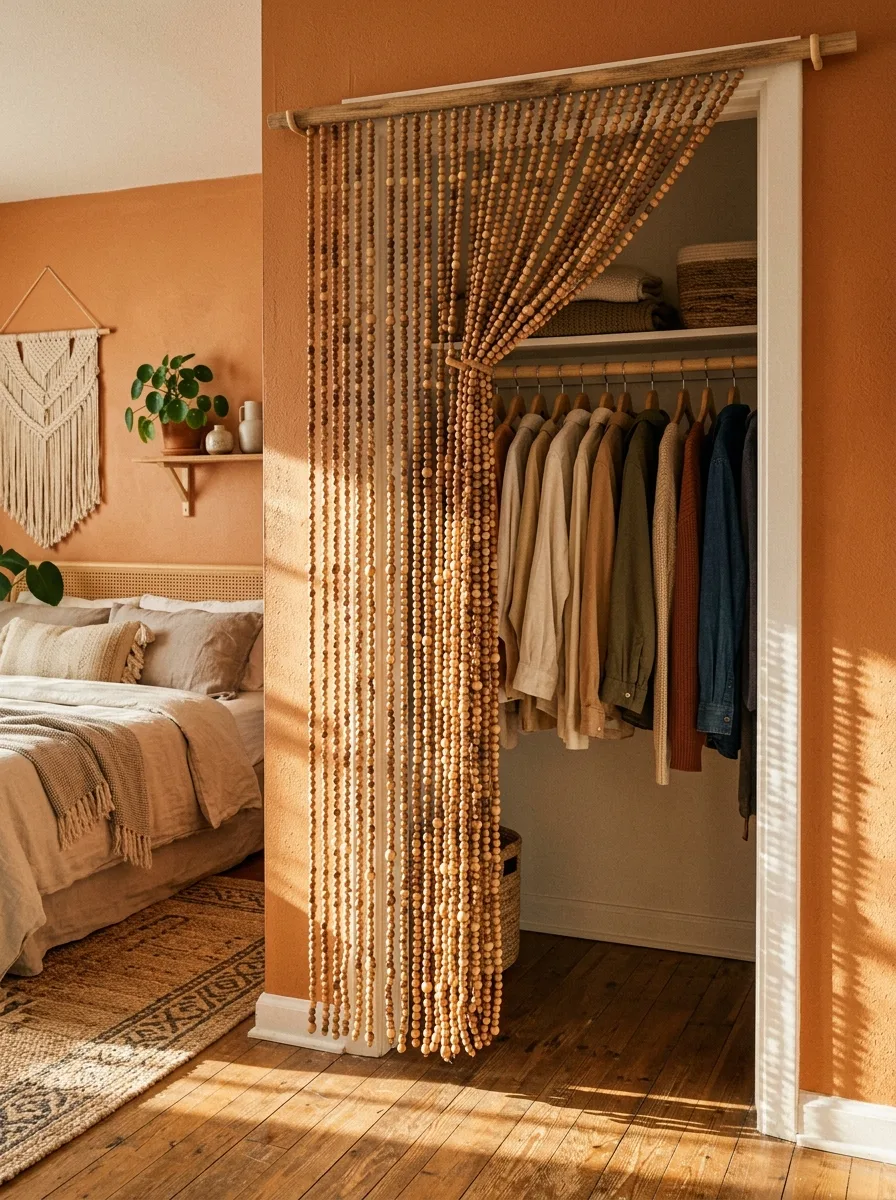 Wood bead curtain styled as a boho closet divider with warm terracotta walls and earthy bedroom accents