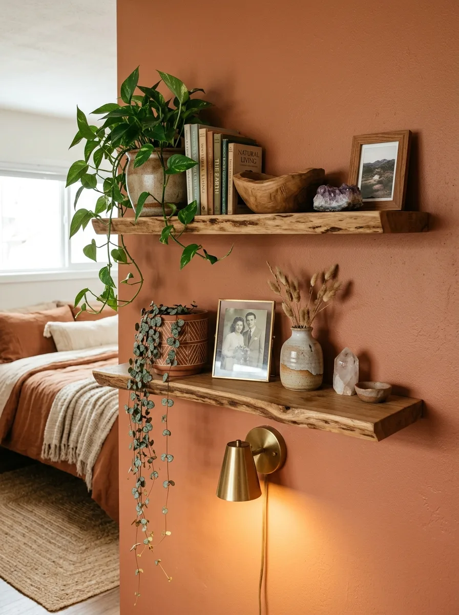 Wooden shelves on a terracotta wall styled with plants, framed photos, crystals, and boho bedroom decor