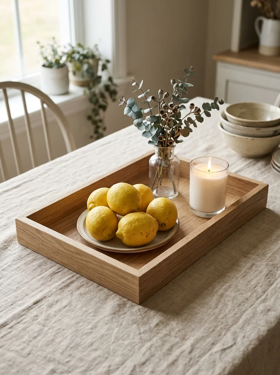 Wooden tray lemon decor with eucalyptus stems and candle styling for cozy farmhouse table centerpiece ideas
