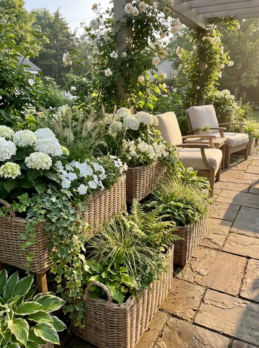 Woven basket-style outdoor planters filled with hydrangeas, ivy, grasses, and lush greenery beside a pergola seating area.